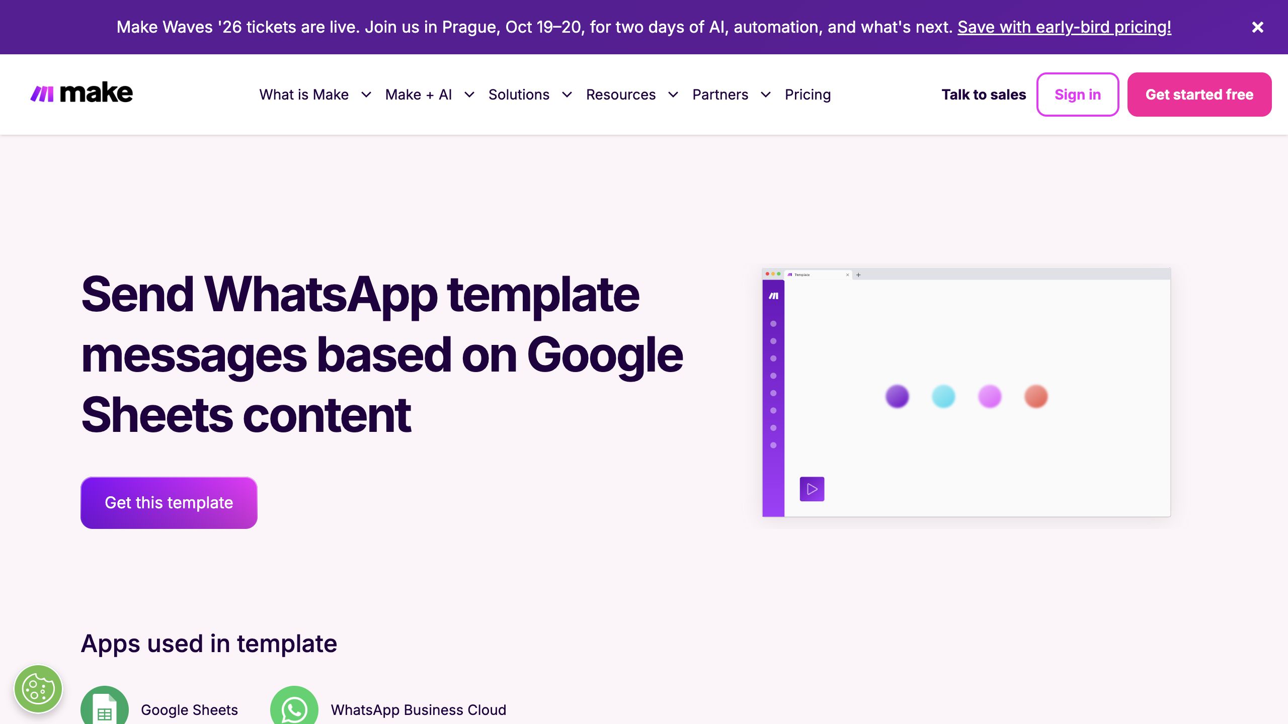 Página completa de una plantilla real de Make para Google Sheets y WhatsApp