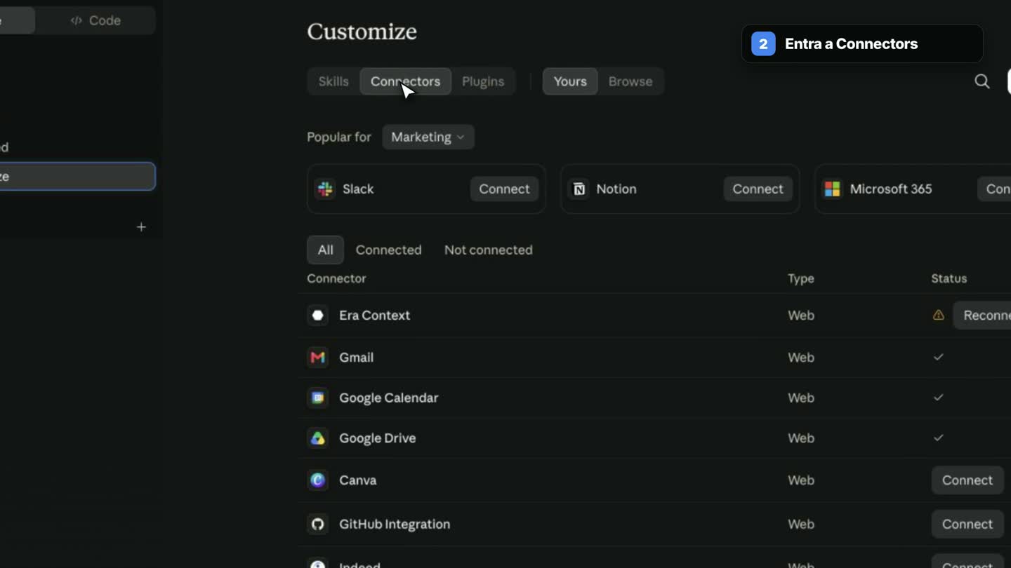 Pantalla Connectors dentro de Customize