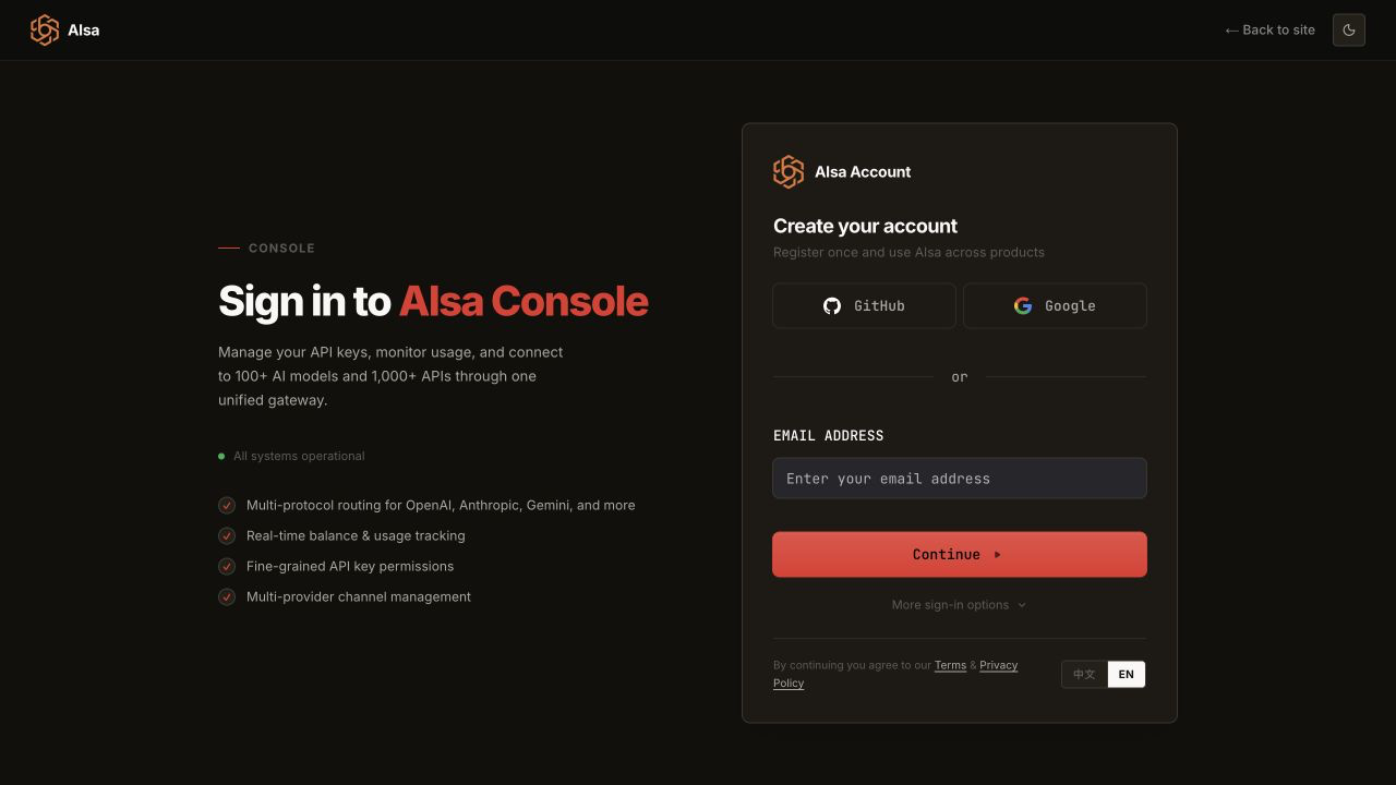 Pantalla de registro de AIsa con las opciones de Google, GitHub y correo