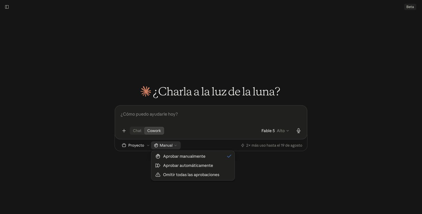 Menú de modos de aprobación de Cowork
