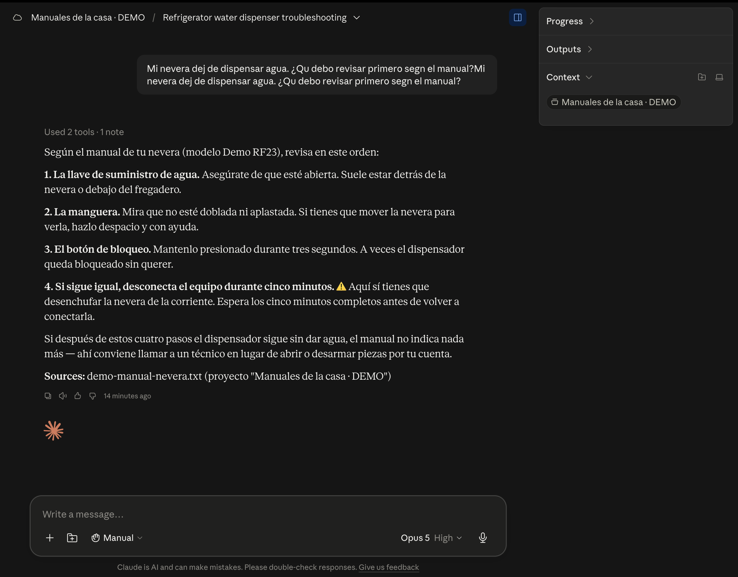 Captura real de la respuesta de Claude basada en el manual de la nevera