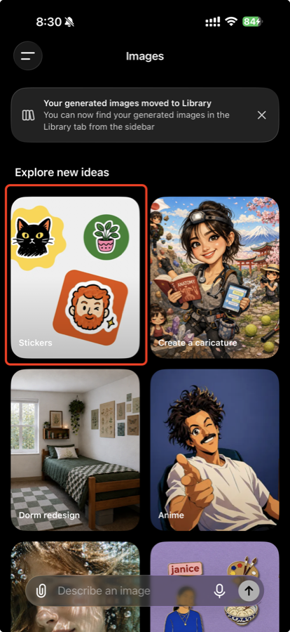 Pantalla Images de ChatGPT con la tarjeta Stickers marcada